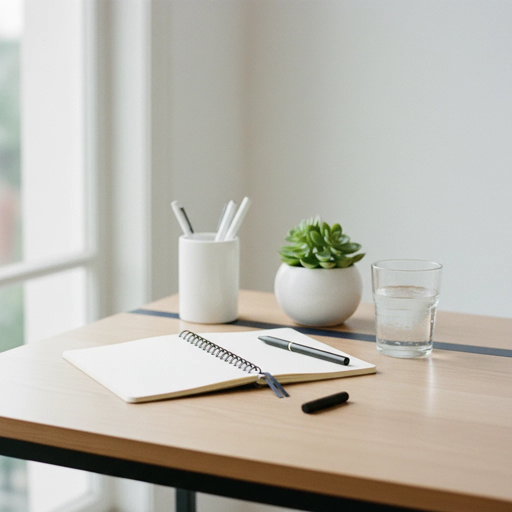 A clean, organised desk with a notebook, a plant and a glass of water in natural light