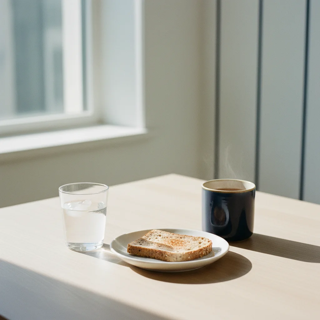 A glass of water and a healthy breakfast on a bright kitchen table in morning light