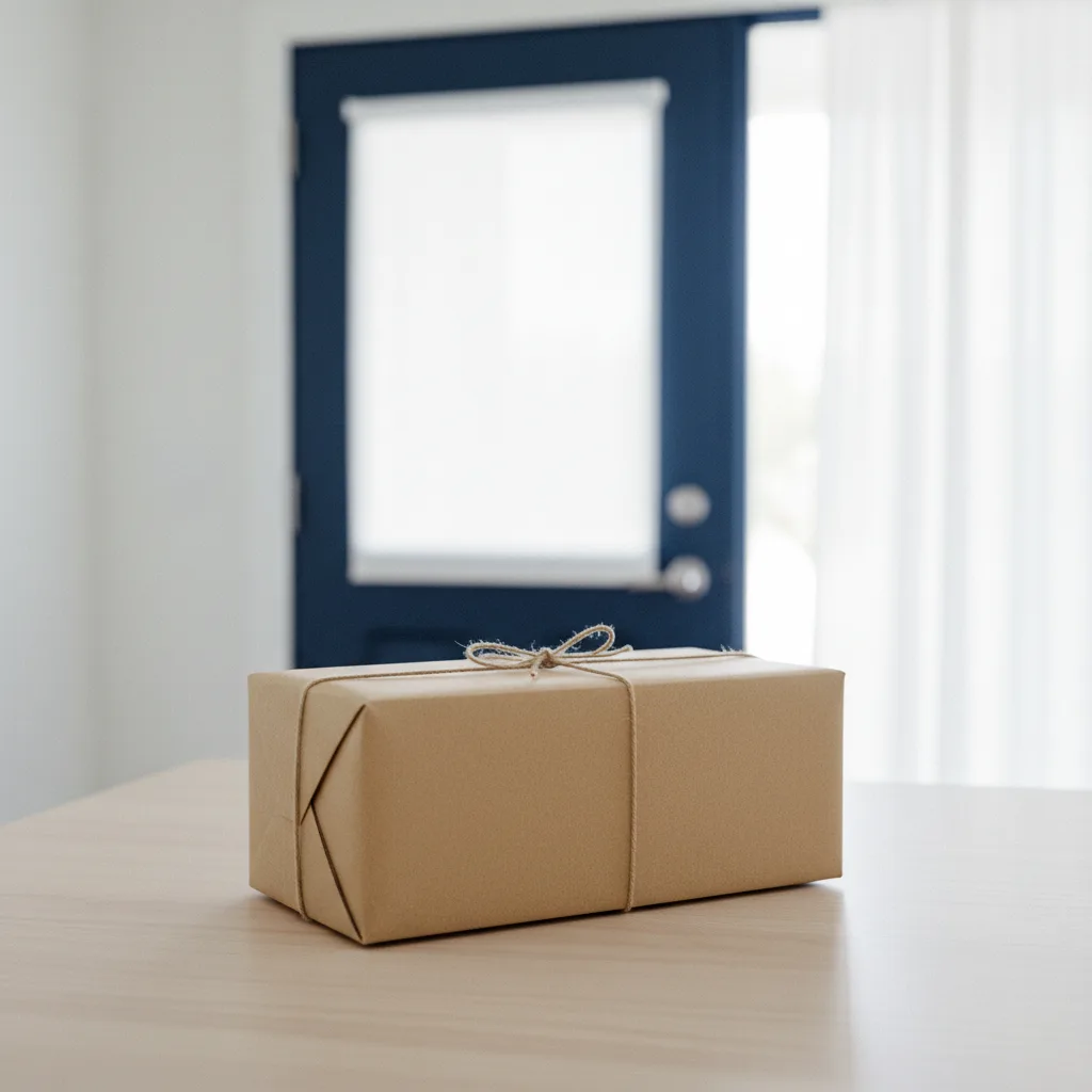 A neatly packaged kraft parcel on a table near a bright hallway entrance
