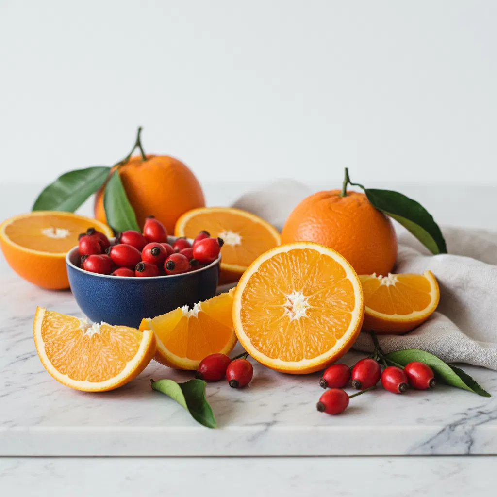 Fresh halved oranges and rosehips on a pale stone surface with green leaves
