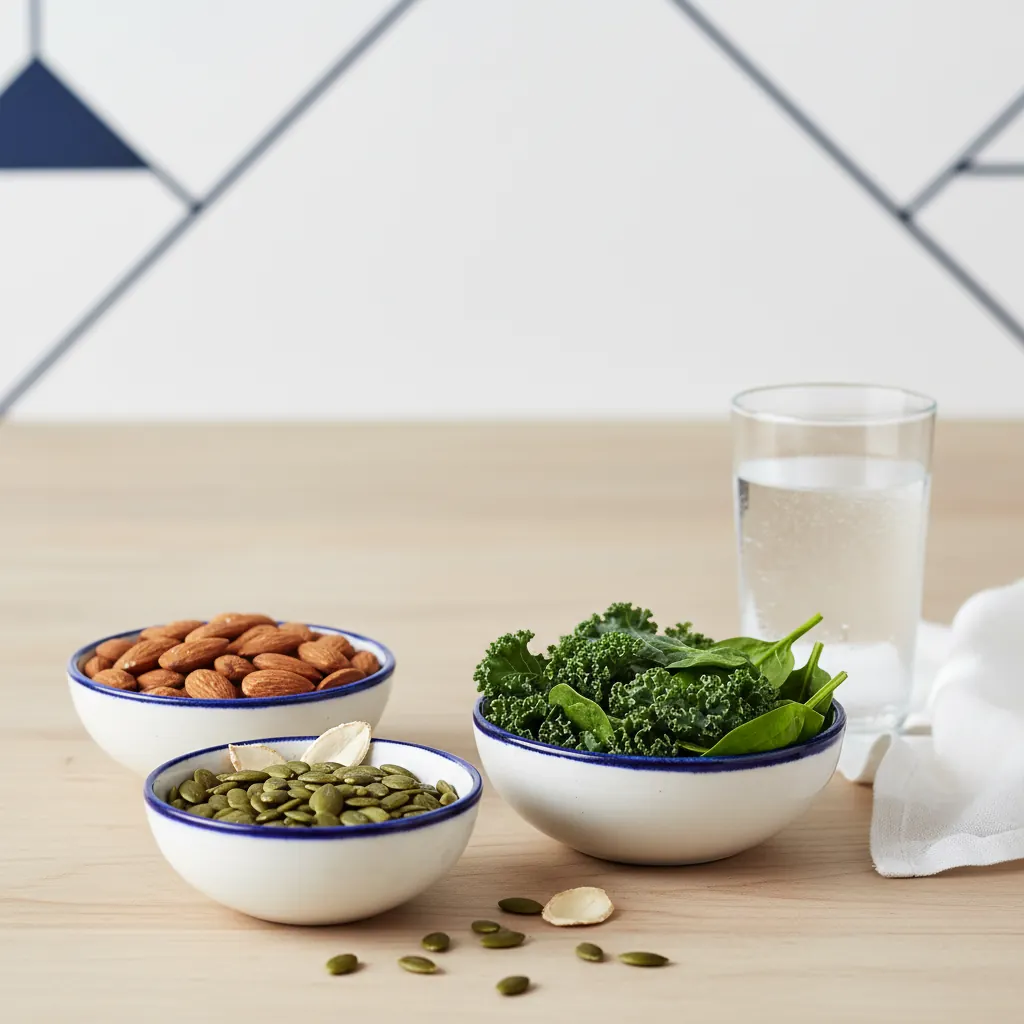 Ceramic bowls of almonds, pumpkin seeds and dark leafy greens on a wooden kitchen surface