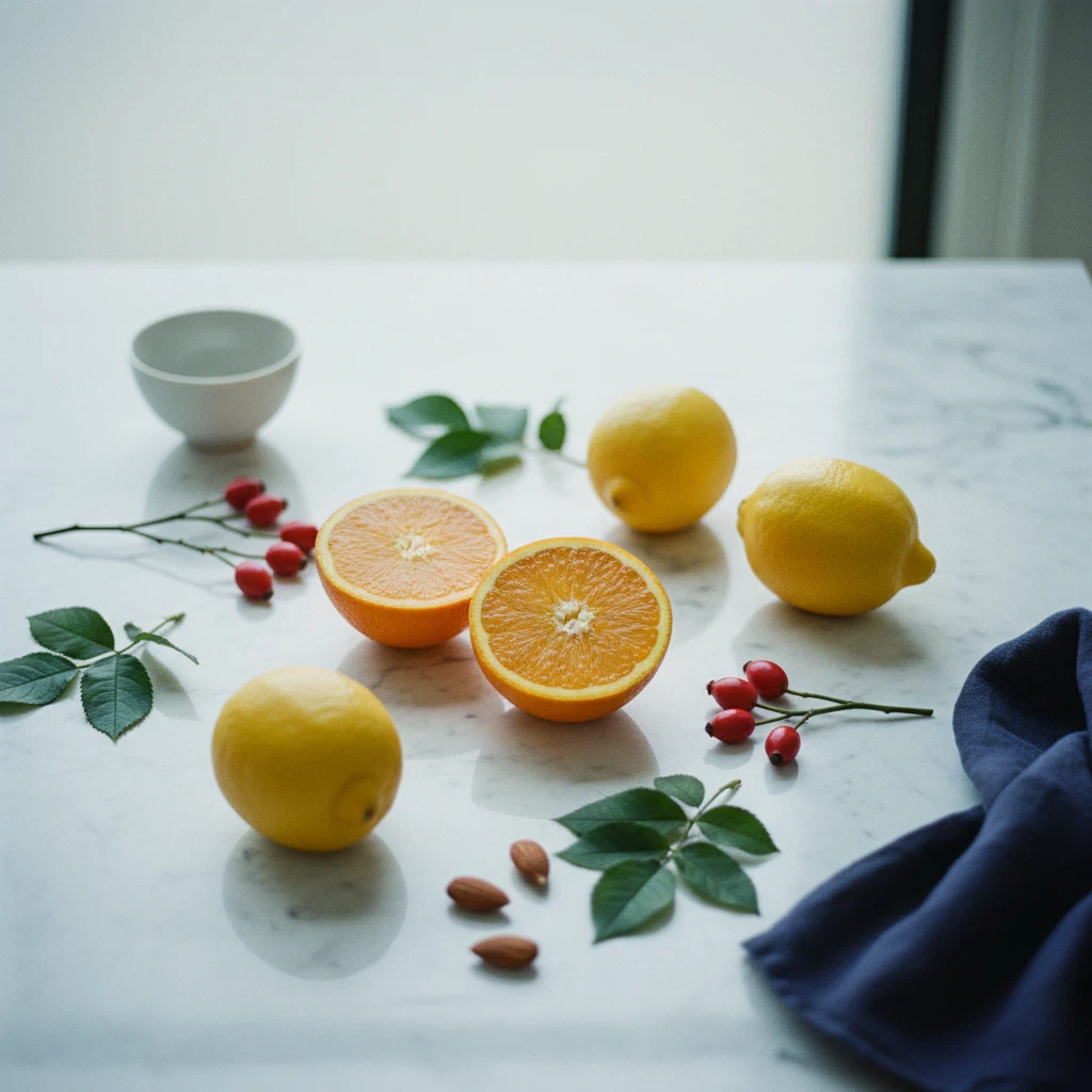 Fresh citrus fruits and green herbs arranged on a light marble surface